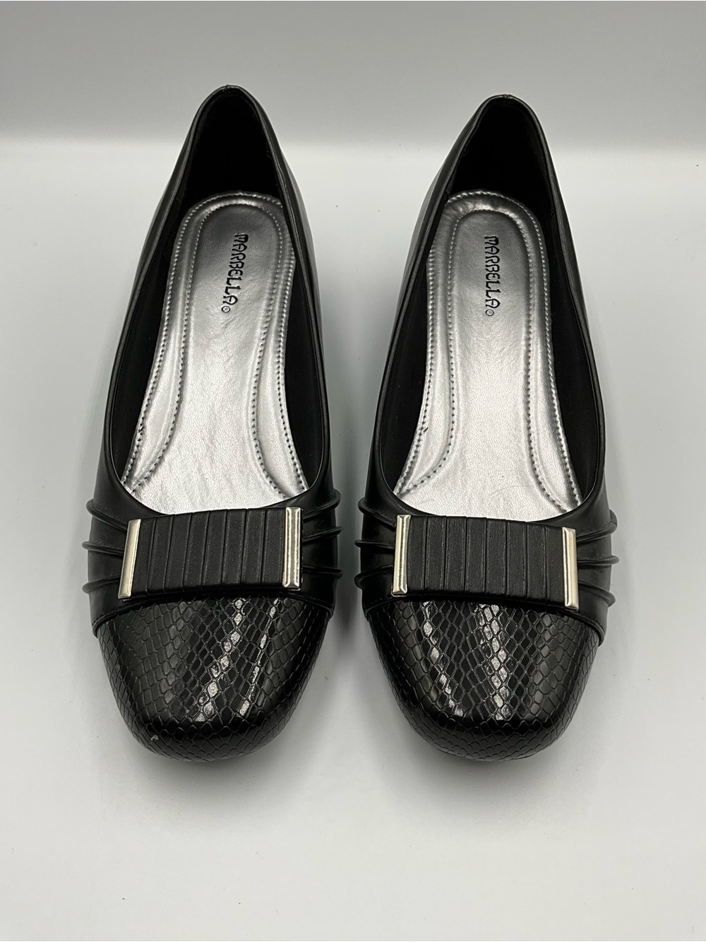 Marbella Flats Size 11W Black Textured Toe Ballet Flat with Pleated Bow